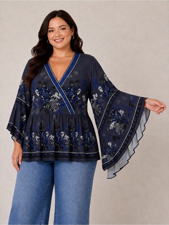 City Chic Tops - City Chic Floral‎ Blouse XXL Blue Gray Boho Whimsigoth Flowy Bell Sleeve Top